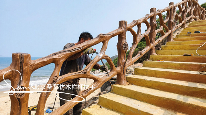 jimeng-2025-06-25-7615-正在施工制作的旅游區樓梯室外安全圍欄設計制作過程，美工正在施工制作，先用鋼筋焊接....jpeg