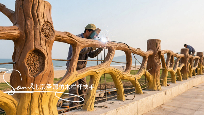 jimeng-2025-06-25-5368-正在施工制作的安全圍欄設計制作過程，美工正在施工制作，先用鋼筋焊接出骨架，然后用....jpeg